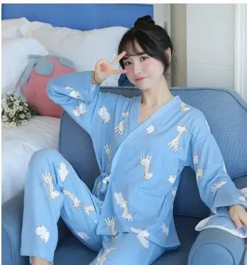 Пижамный комплект с принтом из мультфильма Kimino, топ и штаны, Женская Хлопковая пижама с длинным рукавом, консервативный пижамный комплект, устанавливает ночную рубашку, повседневная одежда для сна - Цвет: hefu cangjinlu lan
