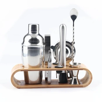 

700ml/750ml 10pcs/Set Stainless Bar Cocktail Shaker Set Barware Set Shaker Set with Bamboo Base Rack Cocktail Tool Set