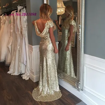 

New Arrival Gold Sequined Cheap Prom Dresses 2020 Cap Sleeve Formal Backless Evening Gowns Dress Mermaid Sparky Vestido de Baile