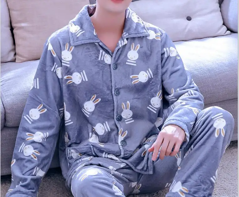 H5874 одежда для сна для мужчин осень зима утолщение пижамный комплект теплая фланелевая Домашняя одежда мужская с длинным рукавом простая Ночная рубашка большого размера - Цвет: StyleR