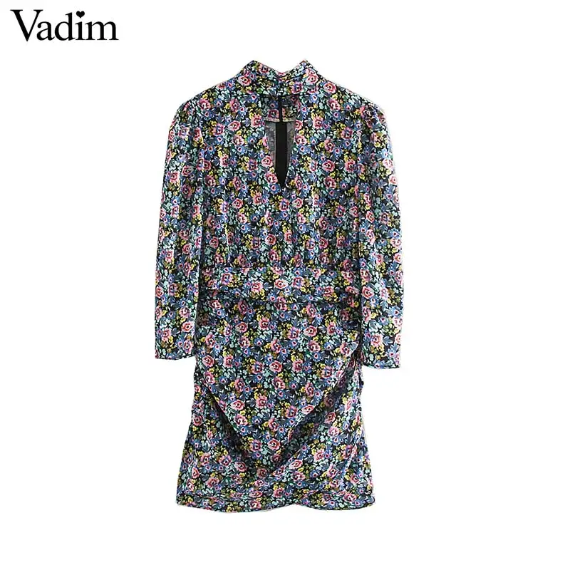 

Vadim women sweet floral pattern mini dress long sleeve pleated back zipper female casual stylish chic dresses vestidos QD157