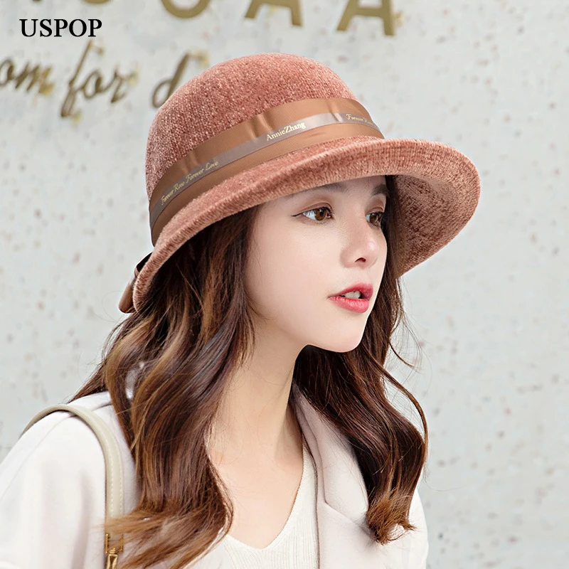 USPOP Women bucket hats female corduroy bow bucket hats fedoras Winter thick warm hats