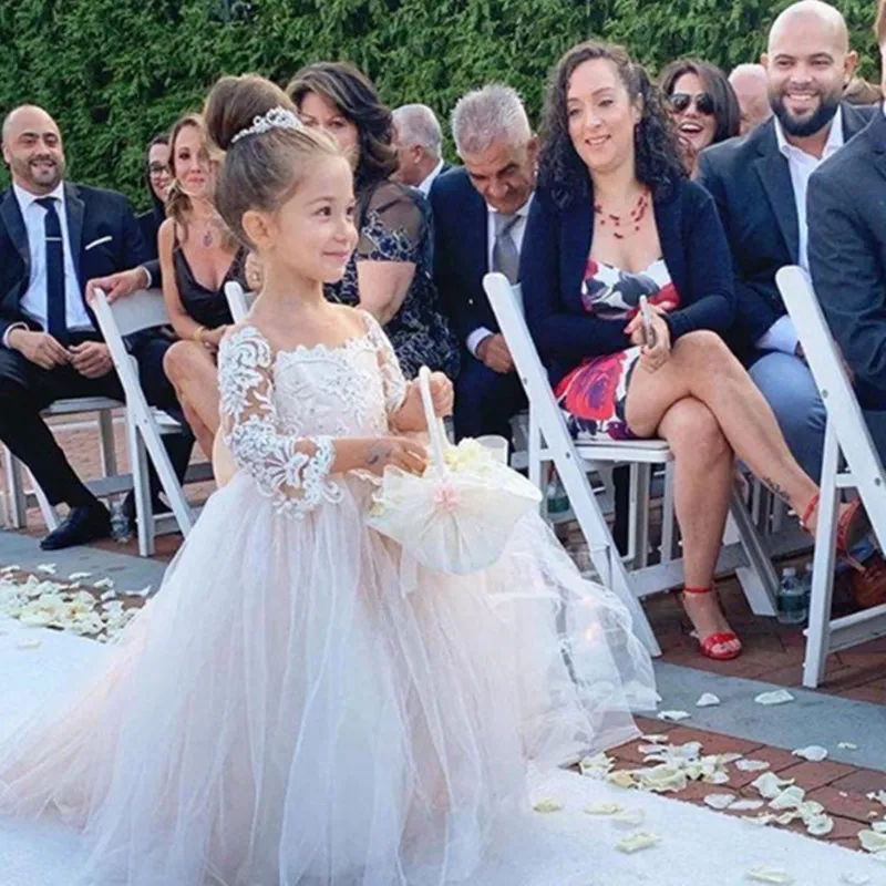 Classic Tulle Flower Girl Dress with Bow Lace Appliques Long Sleeve For Wedding Birthday Ball Gown First Holy Communion Dresses