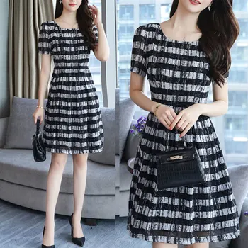 

Newest Women Short Sleeves Dress Striped Summer Fashion Midi Dresses Plus Size TY66