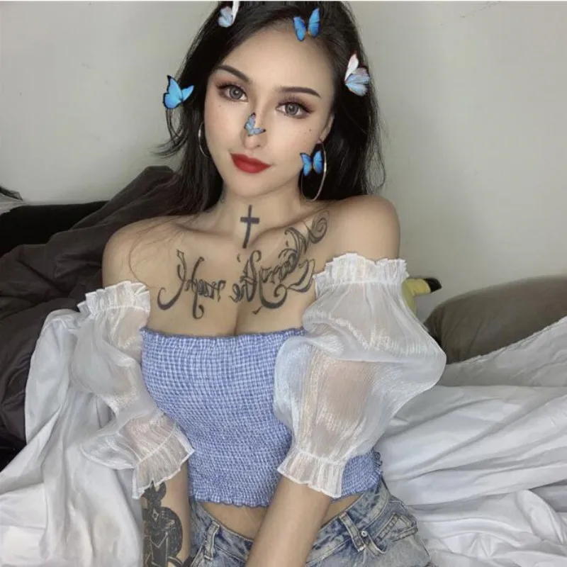 2020 Puff Short Sleeve Mesh Patchwork Sexy Crop Tops Summer Women Fashion Pleated Cute Slash Neck Bodycon  T-Shirts