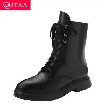 

QUTAA 2020 Lace Up Round Toe Casual Ankle Boots Cow Leather All Match Short Boot Square Heel Autumn Winter Women Shoes Size34-43
