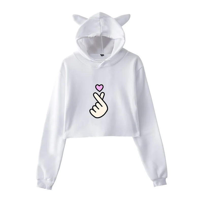 White Hoodies Толстовки Обрезанные женские толстовки осень палец любовь кошка ухо короткий свитер с капюшоном топы для женщин девочек - Цвет: White Hoodies