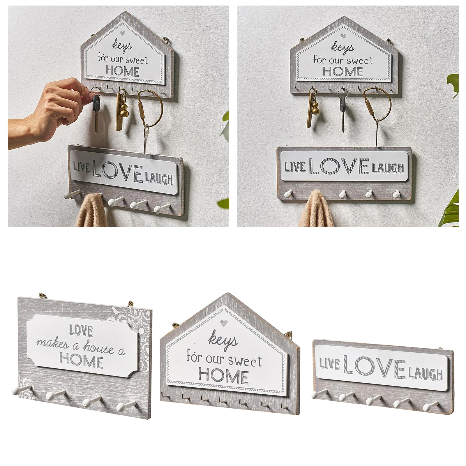 Wood Hanging Plaque Sign With Peg Hooks and 4/5/7 Hanging Hooks Wall Decoration with Letter Sign for Hanging Keys Coat Hat