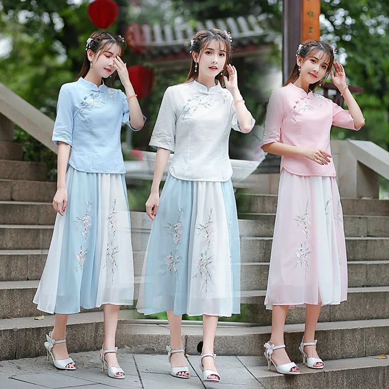 

2019 Summer New Style Ethnic-Style Cotton Linen Retro Embroidered Slim Fit Blouse + Chiffon Embroidered Skirt Two-Piece Women's