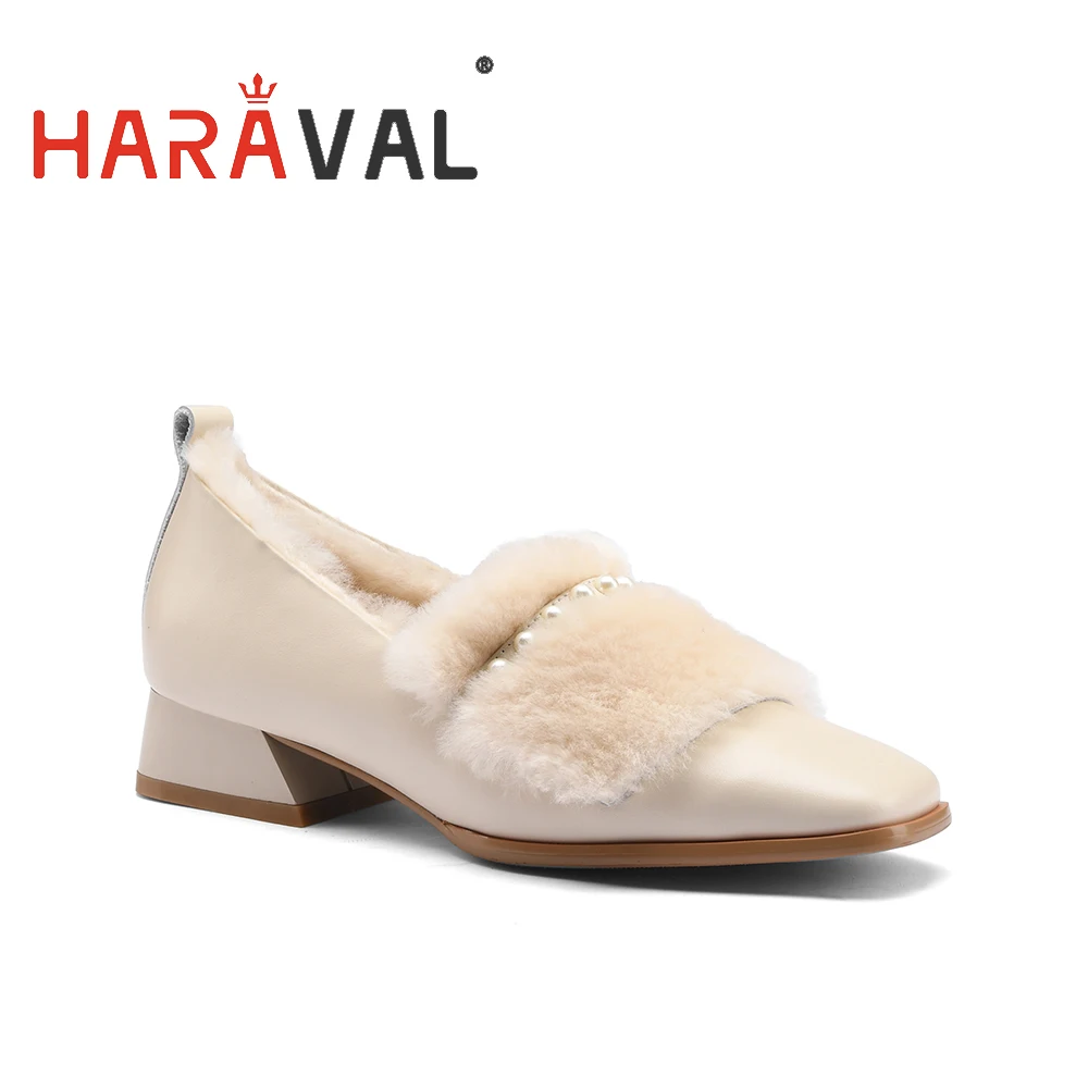 

HARAVAL Women Pumps With Thick Heel Winter Warm Single Shoes Fur 9CM Square Toe Solid Pearl Decoration Lady Fashion ElagantE184L