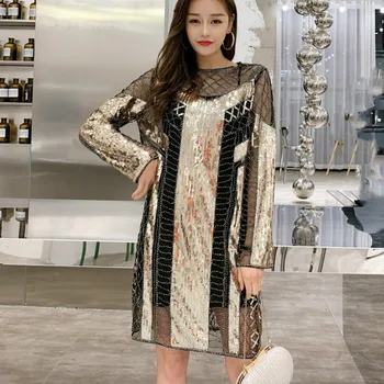 

Sey Women's Sequins Dresses Femme Bead Work Gold Dress Lady Bling Bling Party Dress