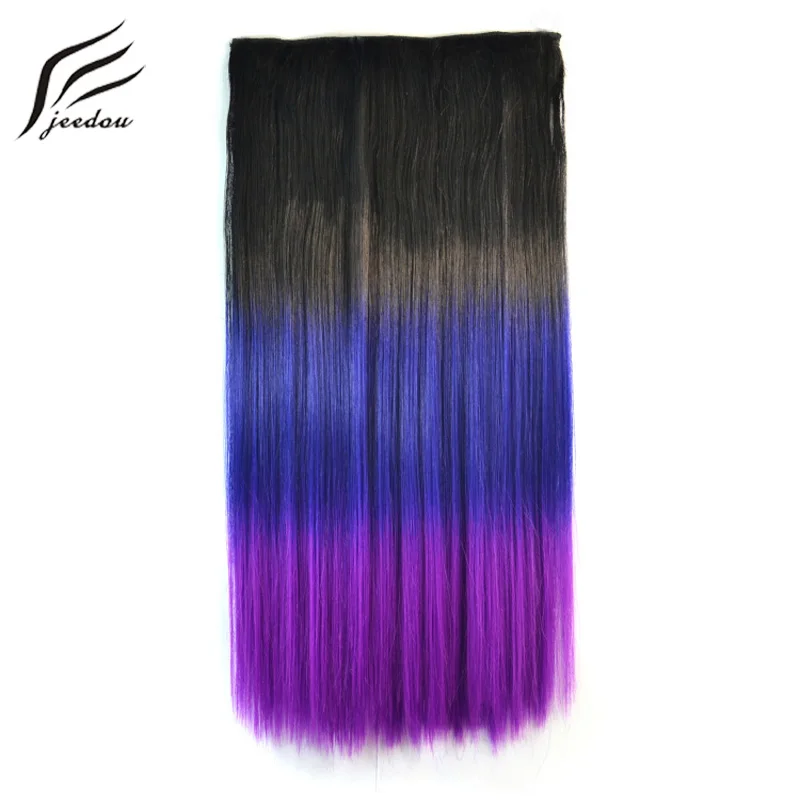 

jeedou Synthetic Straight Long Hair 5Clips Clip in One Piece Hair Extension 60cm 120g Red Purple Ombre Color Women's Hairpieces