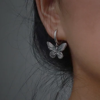 Vintage 90s Butterfly Alloy Silver Color Hoop Earrings For Women Girl Trendy Harajuku Cool Hip Hop Animal Earrings 2020 Jewelry
