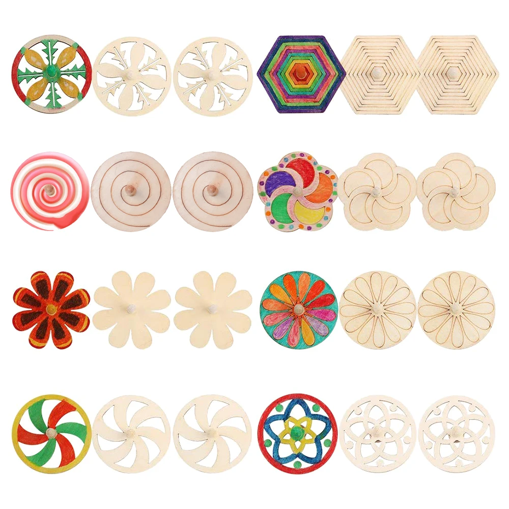 astounding 24pcs Children's Diy Painting Coloring Gyro Toys Wooden Spinning Tops DIY Wood Spin Tops For Party
