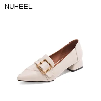 

NUHEEL women's shoes spring new mid-heel thick heel shallow mouth gentle fairy style loafers pointed shoes women