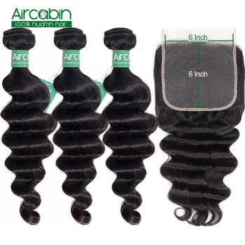 

Aircabin Loose Deep Wave Bundles With 6x6 Closure Human Hair Weave Bundles With Closure Remy Brazilian Bundle With Closure