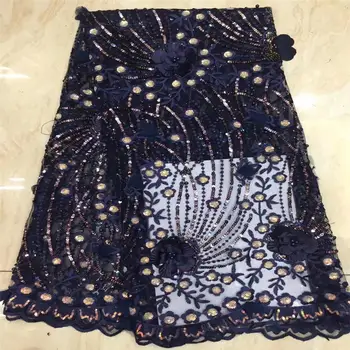 

Black 3D flower lace high quality sequence applique french net lace African tulle mesh sequins lace fabric for wedding party