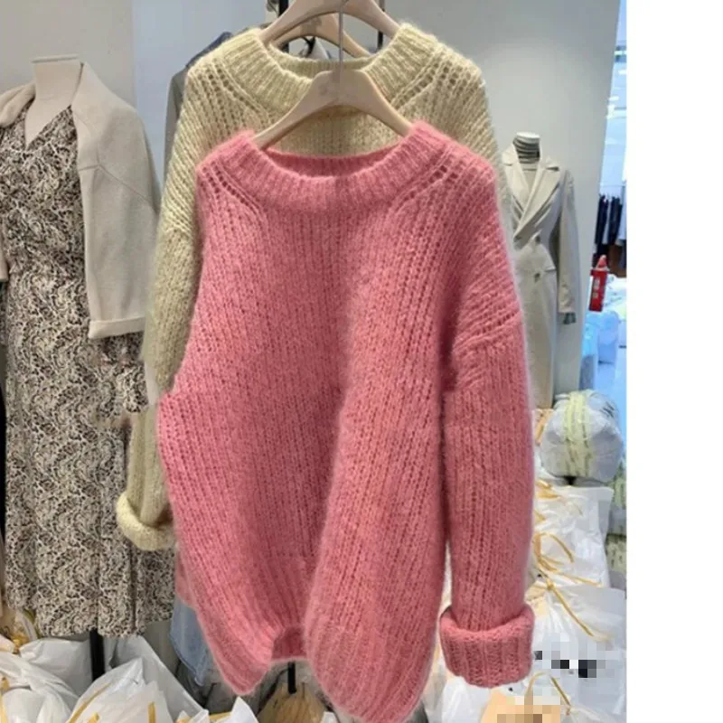 Neploe, Ретро стиль, свободный, безумный стиль, Pull Femme Hiver, о-образный вырез, длинный рукав, однотонный пуловер, свитер, розовый, Толстая теплая верхняя одежда Batw 47741