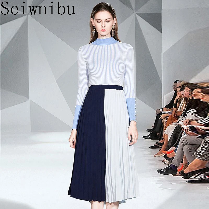 Runway Fashion Fall Winter Sweater Skirt Set Women 2019 New Elegant Lady Casual Outfits Knit Top Color Block Suit Matching |