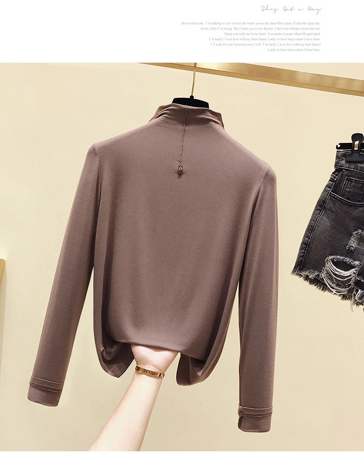 Осенняя Новая эластичная хлопковая Базовая рубашка с длинными рукавами женская вязаная одежда эластичный свитер с длинными рукавами и воротником-стойкой