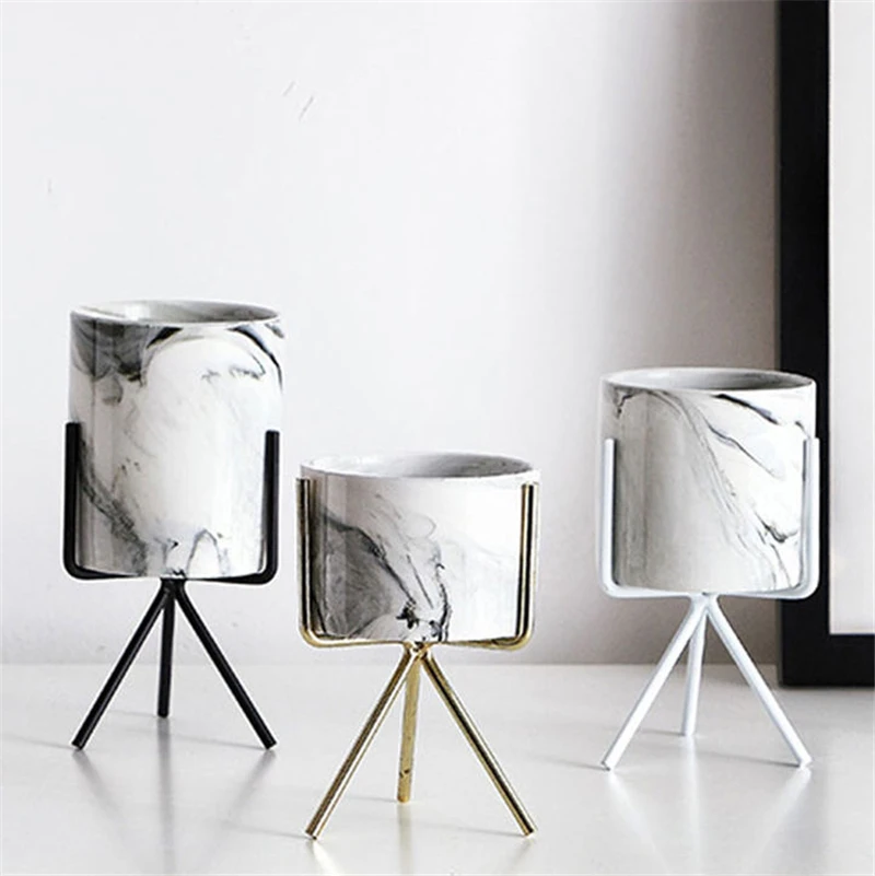 

1pc Nordic Style Ceramic Flower Pot Stand Minimalism Flower Vases Home Decoration with Iron Shelf Rack Support for Flower