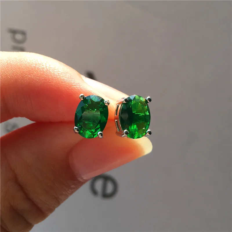 Green Милые женские черные зеленые фиолетовые красные серьги-гвоздики 925 пробы серебряные серьги «Радуга» винтажные овальные свадебные серьги для женщин - Окраска металла: Green