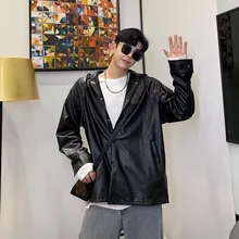 Мотоциклетные корейские мужские повседневные Куртки из искусственной кожи осенние однобортные свободные мужские модные куртки с капюшоном