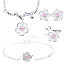 925 Пробы Ювелирные наборы из серебра, романтические цветы вишни, ожерелье+ серьги+ кольцо+ браслет для женщин, подарок
