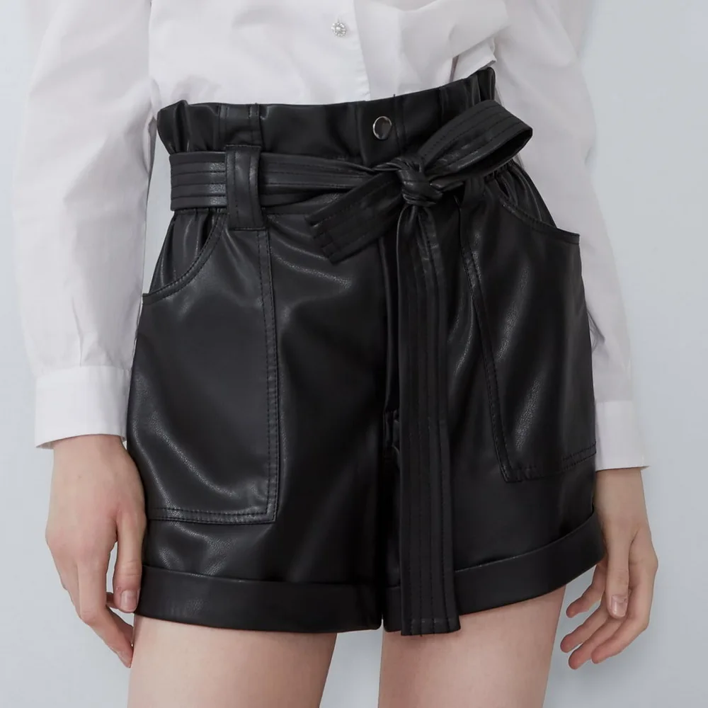 

2019 ZA WOMEN'S FASHION FAUX LEATHER PAPER BAG BERMUDA SHORTS WITH BELT SHORTS FOR GRILS XS S M L