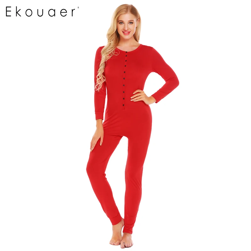 Ekouaer/Пижама-комбинезон для взрослых; женская пижама с длинным рукавом; однотонная тонкая Пижама; мягкая Ночная одежда; Осенняя Повседневная Пижама - Цвет: Red