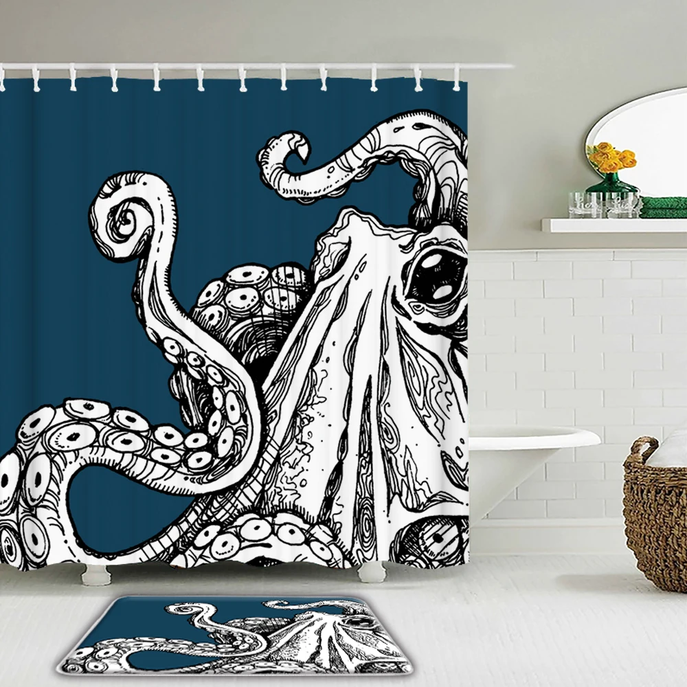 

Sea Ocean Octopus Shower Curtain Set 3D Printing Waterproof Fabric Bathroom Curtains With Hooks Anti-slip Mat Bathroom Mat
