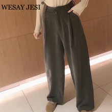 WESAY JESI ZA Women's Pants Vintage Pockets High Waist Wide Leg Pants Elegant Gray Trousers Office Lady Oversize Pants Zipper