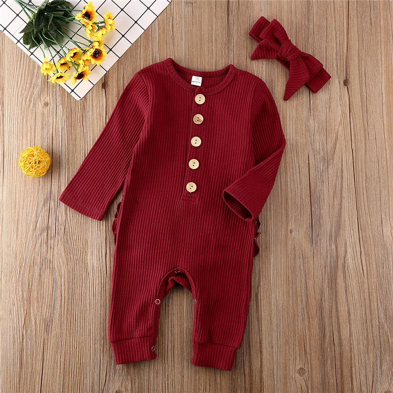 Newborn Baby Boy Girl Rompers Outfit Ribbed Knitted Ruffles Romper Autumn Winter Warm Long Sleeve PP Ruffles Jumpsuit Clothes