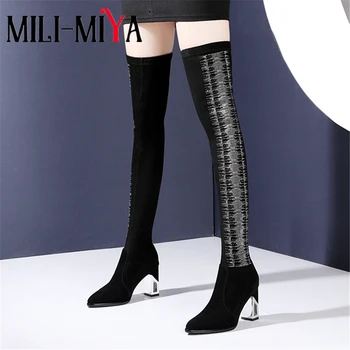 

MILI-MIYA Bling Women Over The Knee Boots Kid Suede Slip On Stretch Fabric Square Heels Pointed Shoes Size 34-40 For Ladies