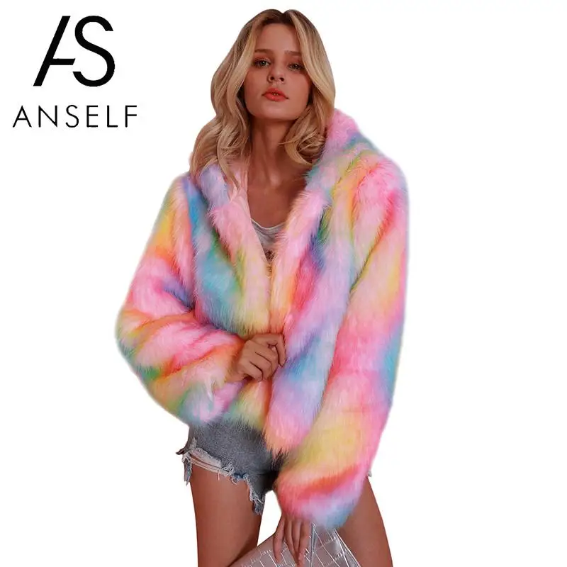 Women Faux Fur Coat Colorful Rainbow Print Hooded Neck Long Sleeve Cool Streetwear Fur Jacket Multicolor Winter Coat Women