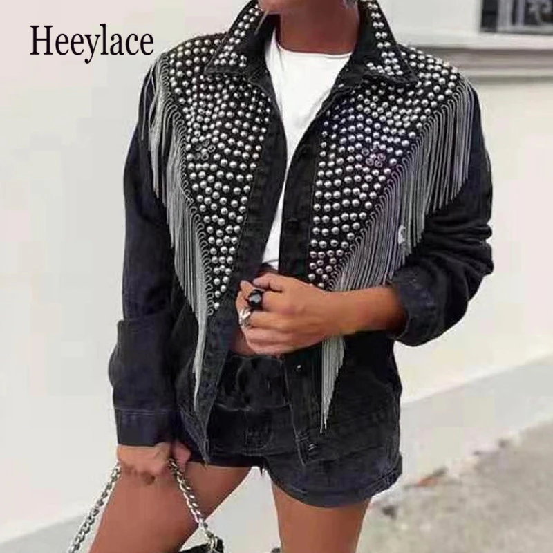 Tassel Sequin Letter Long Sleeve Denim Jacket