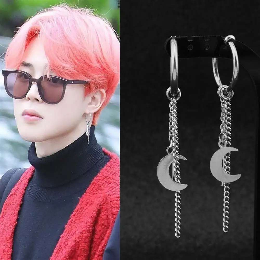 KPOP DNA корейская мода Луна кисточкой цепи 1 пара серебряных кисточкой JIMIN серьги-гвоздики кулон серьги из нержавеющей стали
