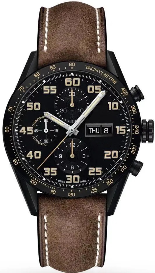 

Luxury Brand New Full Black Case Stainless Steel Men Watches Chronograph Sapphire Sport Brown Cow Leather Watch AAA+