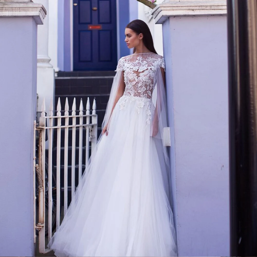 Vestido de Novia/Свадебные платья трапециевидной формы с круглым вырезом,, с аппликацией из тюля, роскошное платье принцессы, Trouwjurken, свадебное платье