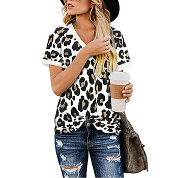 

women summer t-shirt fashion loose v-neck leopard flower printed short sleeve t shirt casual ladies plus size tops