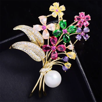 

Luxury Colorful Flower AAA Cubic Zirconia Brooches For Women Pearl Pins Brooch Sweater Corsage Crystal Rhinestone Accessories
