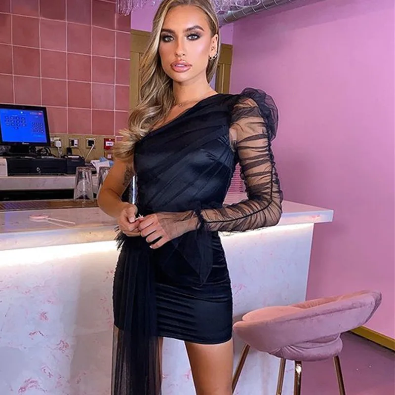 

2020 Summer Women Sexy Mesh Party Dress Women Bandage Zipper One Shoulder Dress Club Wear Lace Ruffle Sleeve Mini Dress Vestido