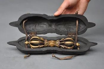 

wedding decoration 10"Collect Tibet Temple Bronze Vajra Dorje Phurpa Exorcism Talisman Wood Box Set
