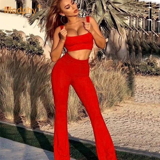 2020 nueva moda mujer vendaje Set Honda Top y pantalones 2 piezas conjunto rojo negro Club fiesta de celebridades pantalones de verano - AliExpress