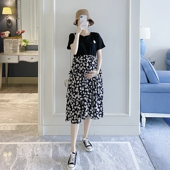 

1381# Summer Korean Fashion Maternity Long Dress Cotton Patchwork Floral Printed Clothes for Pregnant Women Elegant Pregnancy