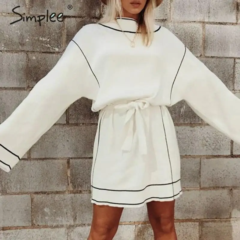 Simplee белый свитер платье уличная водолазка свободное с длинным рукавом трикотажное платье повседневное женское с поясом эластичное короткое осеннее платье