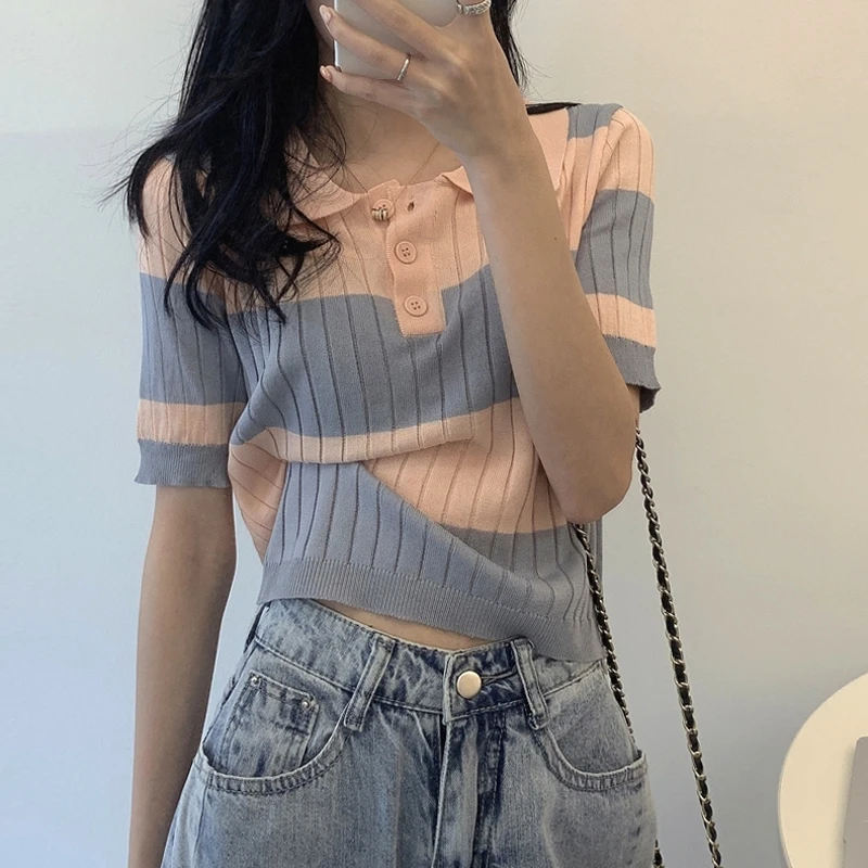 

New 2020 Korean Women Elegant And Casual Polo Plunge Neck Short Sleeve Knitted Shirt Crop Top graphic t shirts