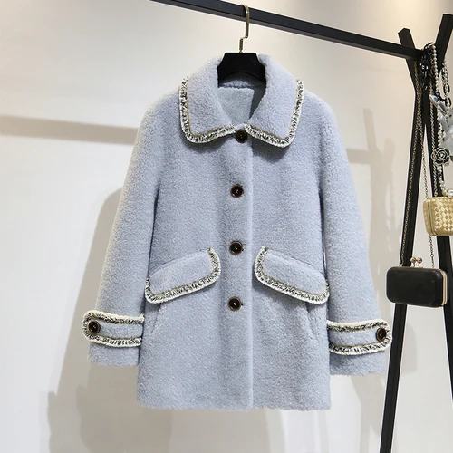 Blue Short Зимнее пальто из натурального меха, женская одежда,, стрижка овец, корейские женские меховые пальто и куртки, женское манто, женские топы, LW2085 - Цвет: Blue Short