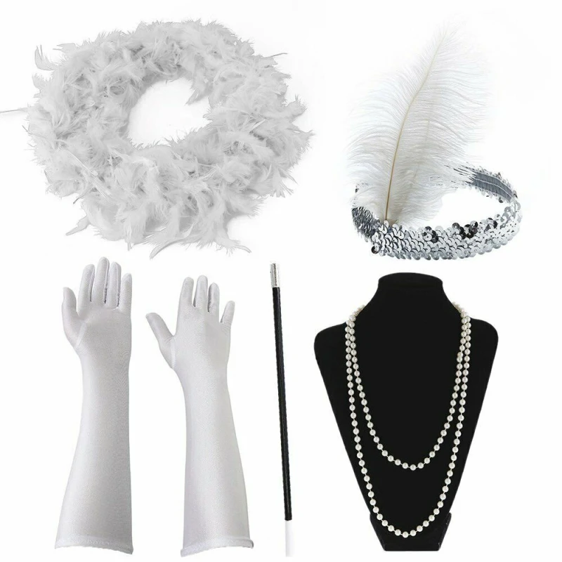 

5 PCS Set Ladies Gatsby Fancy Dress Accessories Charleston Costume outfit Feather Headband Pearl Necklace Gloves Cigaretter