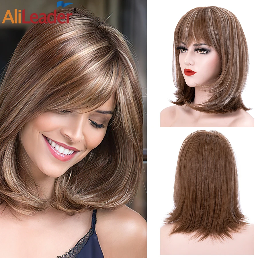 Alileader Synthetic Wig With Bangs Short Mixed White Gray Blonde Bob For Women 8 12Inch Fiber Straight Fake Hair Daily Style |